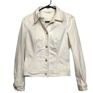 Escada Vintage Cream Eyelet Embroidered Denim Jean Button Down Jacket